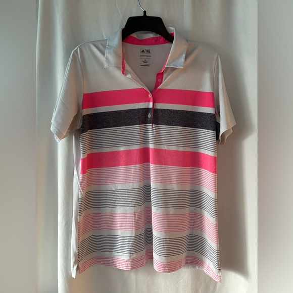 Adidas Pure Motion Women's XL Striped Polo Shirt - Pink and Gray - Picture 1 of 6